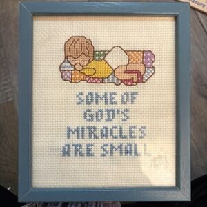 Vintage Complete Framed Cross Stitch "Some If Gods Miracles Are Small" Blue 6"x7